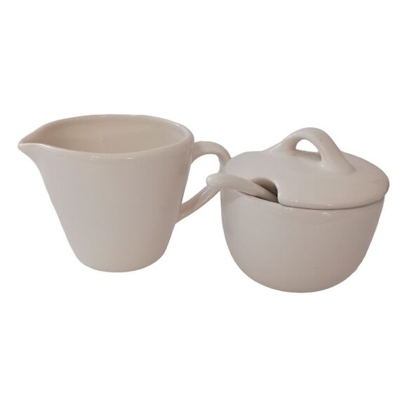 Pottery Barn Sausalito Creamer & Sugar Bowl Set With Spoon Off White Stoneware. - Picture 11 of 16